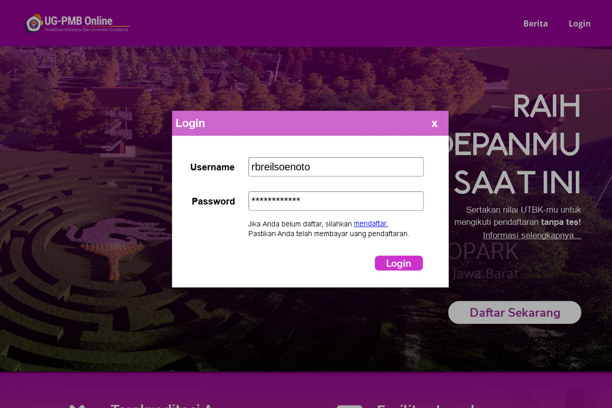 Universitas Gunadarma login page